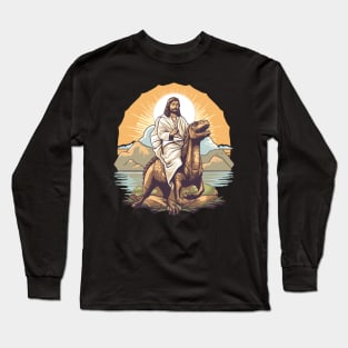 Jesus Christ on a Velociraptor Funny Dinosaur Meme Long Sleeve T-Shirt